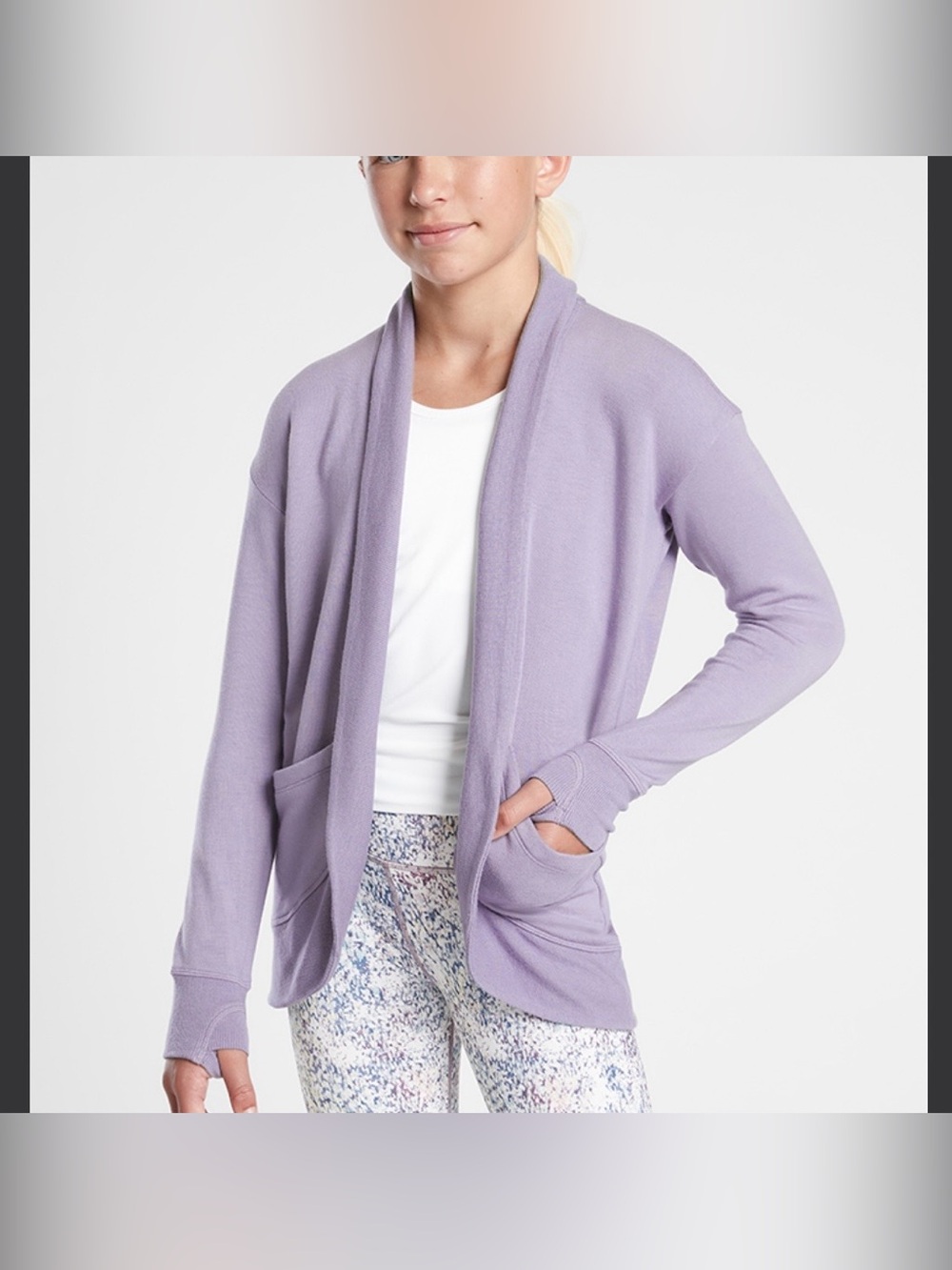 Athleta Girl Wrap & Roll Open Front Cardigan in Pastel Lavender Purple XL 14